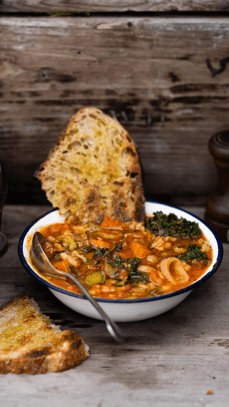 Winter Soup with Orzo, Smoked Bacon, White Beans and Kale